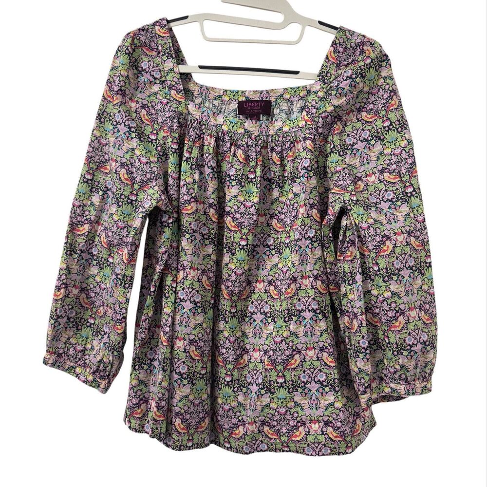 J Crew Liberty Top Sz 4 Art Fabrics Strawberry Peony Birds Boho Feminine Cottage